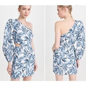 Cami NYC Pandora one shoulder puff sleeve cut out linen mini Dress blue multi 8